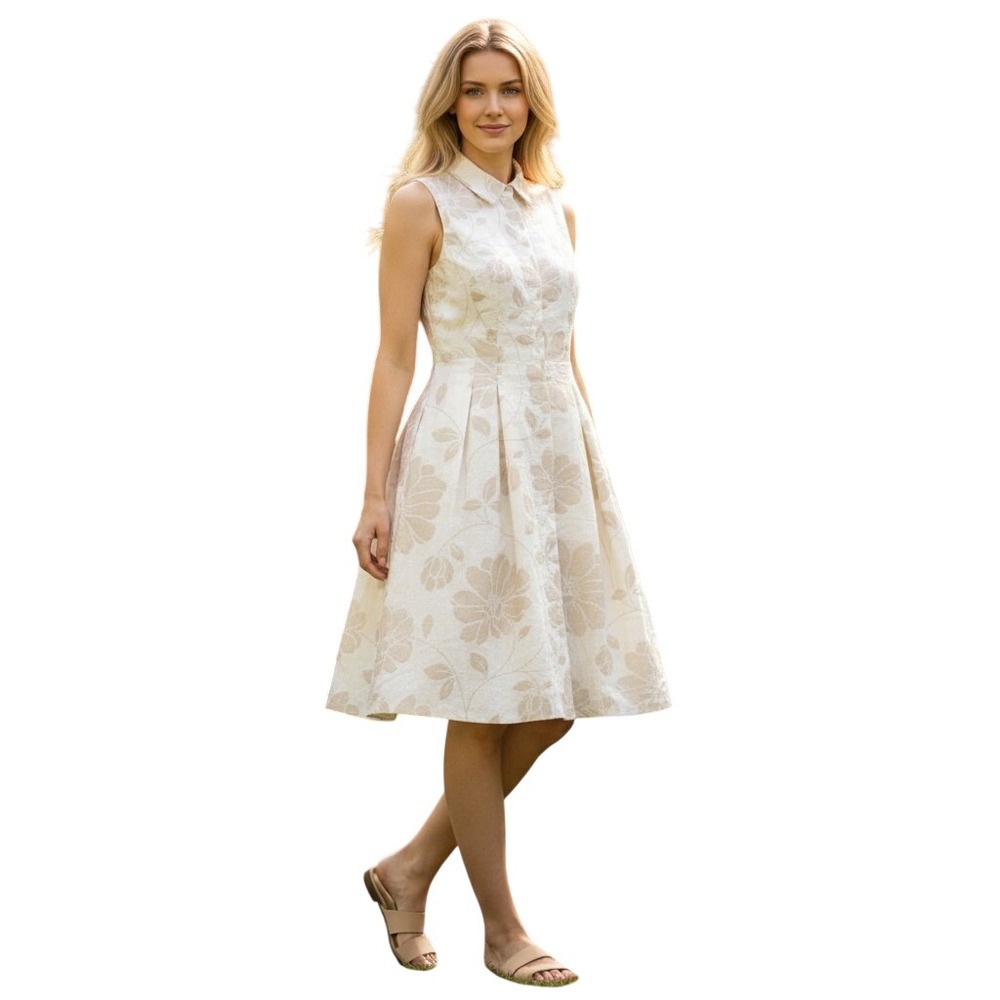 Alex Marie Womens Floral Jacquard Sleeveless Shirt Dress Cream Tan Size 14 NEW